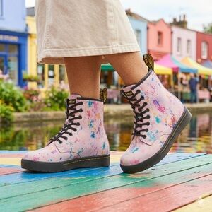 DR MARTENS Sheridan Pink Confetti Suede Lace-Up Boots Rainbow Burst